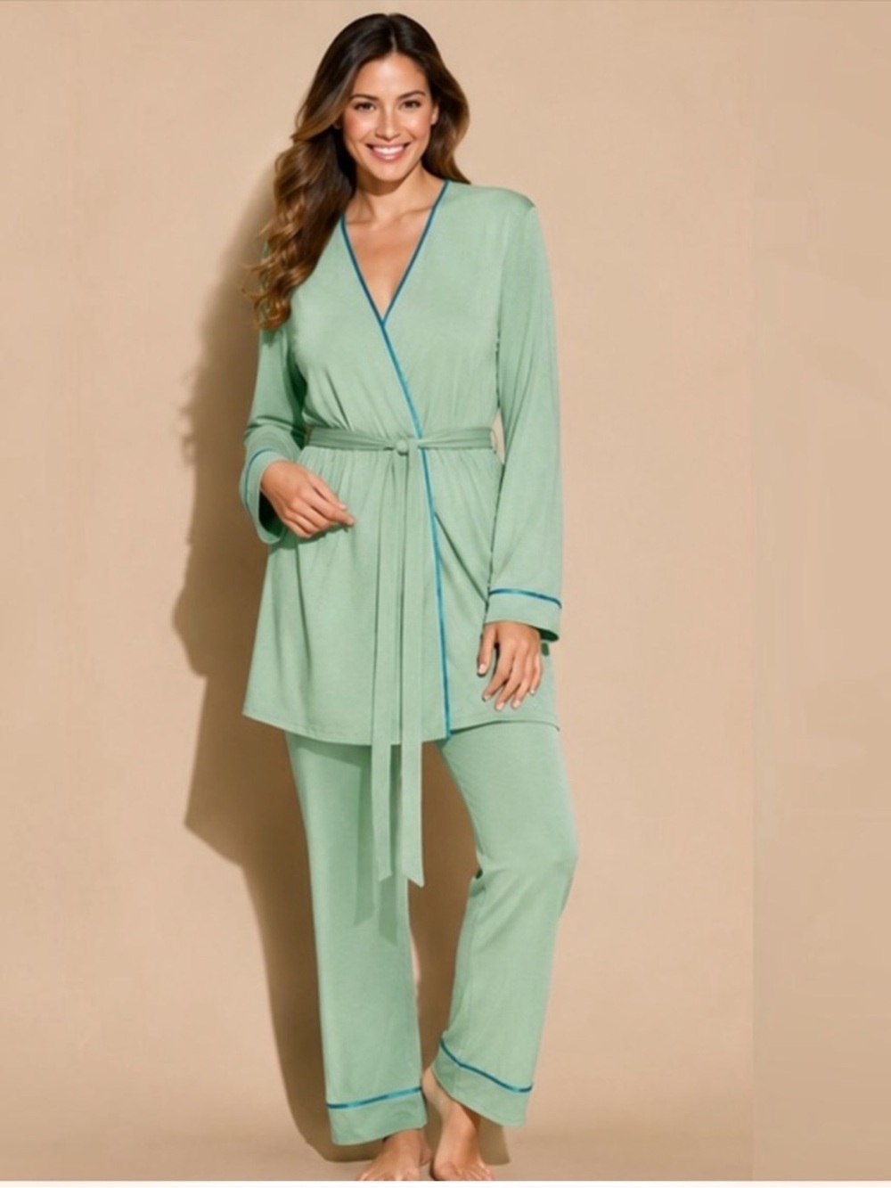 NWT Cosabella Bella Curvy 3 Piece Pajama Lounge Set S Ghana Green Udaipur Blue